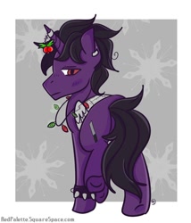 Size: 1280x1496 | Tagged: safe, artist:redpalette, oc, pony, unicorn, artificial wings, augmented, christmas, holiday, holly, male, not amused face, purple, stallion, wings