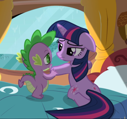 Size: 922x862 | Tagged: safe, screencap, spike, twilight sparkle, unicorn twilight, dragon, unicorn, magical mystery cure, bed, cropped, duo, floppy ears, golden oaks library, looking at each other, rain, window