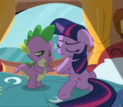 Size: 962x843 | Tagged: safe, screencap, spike, twilight sparkle, unicorn twilight, dragon, unicorn, magical mystery cure, bed, cropped, duo, eyes closed, floppy ears, golden oaks library, rain, window