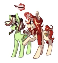 Size: 405x437 | Tagged: safe, oc, oc:key lime, oc:red palette, earth pony, unicorn, artist, cute, female, magic, mare, paintbrush