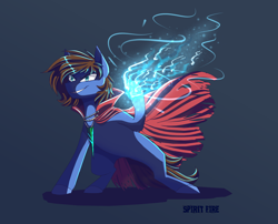 Size: 2100x1700 | Tagged: safe, artist:spirit fire, oc, oc only, oc:bizarre song, pegasus, pony, blue fire, broken horn, cape, clothes, colored, gift art, glowing hooves, grin, horn, jewelry, male, menacing, necklace, pegasus oc, simple background, smiling, solo, stallion, wings