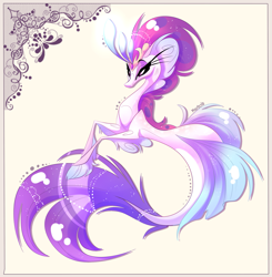 Size: 2089x2133 | Tagged: safe, artist:marbola, queen novo, seapony (g4), my little pony: the movie, crown, curvy, eyelashes, female, fins, fish tail, high res, jewelry, lidded eyes, purple eyes, regalia, signature, simple background, solo