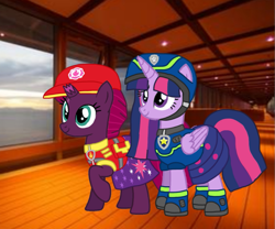 Size: 1297x1080 | Tagged: safe, artist:徐詩珮, fizzlepop berrytwist, tempest shadow, twilight sparkle, twilight sparkle (alicorn), alicorn, unicorn, series:sprglitemplight diary, series:sprglitemplight life jacket days, series:springshadowdrops diary, series:springshadowdrops life jacket days, base used, broken horn, clothes, equestria girls outfit, female, horn, lesbian, paw patrol, shipping, stock image, sunset, tempestlight