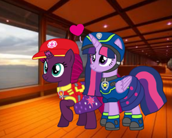 Size: 1345x1080 | Tagged: safe, artist:徐詩珮, fizzlepop berrytwist, tempest shadow, twilight sparkle, twilight sparkle (alicorn), alicorn, unicorn, series:sprglitemplight diary, series:sprglitemplight life jacket days, series:springshadowdrops diary, series:springshadowdrops life jacket days, base used, broken horn, clothes, equestria girls outfit, female, heart, horn, lesbian, paw patrol, shipping, stock image, sunset, tempestlight