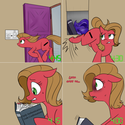 Size: 1502x1502 | Tagged: safe, artist:jitterbugjive, oc, oc only, oc:pun, earth pony, pony, armor, ask, ask pun, book, female, floppy ears, lip bite, mare, solo