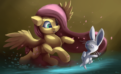 Size: 4407x2700 | Tagged: safe, artist:auroriia, angel bunny, fluttershy, pegasus, pony, rabbit, animal, cute, dancing, duo, eyes closed, female, high res, mare, open mouth, shyabetes, smiling, spread wings, three quarter view, wings