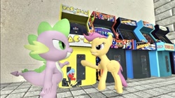 Size: 1024x575 | Tagged: safe, artist:undeadponysoldier, scootaloo, spike, dragon, 3d, arcade, arcade game, asteroids, best friends, brofist, competition, donkey kong, duo, female, filly, galaga, gm construct, gmod, hoofbump, male, marvel vs capcom, one on one, pac-man, smiling