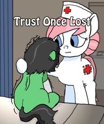 Size: 863x1024 | Tagged: safe, artist:anon3mous1, nurse redheart, oc, oc:anon filly, earth pony, pony, unicorn, fanfic:trust once lost, bed, broken leg, cast, comforting, cover art, cute, depth of field, facing away, fanfic art, female, filly, hat, hospital, hospital bed, hurt/comfort, injured, mare, missing cutie mark, nurse, nurse hat, panic, panic attack, panicking, pillow, scared, self insert, shaking