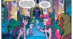 Size: 1268x685 | Tagged: safe, artist:tonyfleecs, idw, pinkie pie, twilight sparkle, twilight sparkle (alicorn), alicorn, earth pony, pegasus, pony, unicorn, friends forever, spoiler:comic, spoiler:comicff7, ask, background pony, comic, drawbridge, duo focus, female, mare, moat, unnamed pony