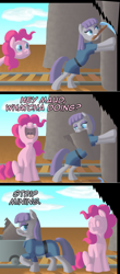 Size: 1058x2404 | Tagged: safe, artist:crispokefan, maud pie, pinkie pie, pony, cart, comic strip, eyes closed, fourth wall, minecart, mouth hold, nose in the air, open mouth, pickaxe, pun, smiling, uvula