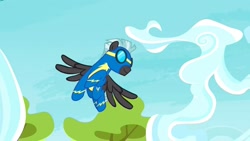 Size: 1280x720 | Tagged: safe, screencap, thunderlane, pegasus, pony, marks and recreation, clothes, flying, goggles, male, solo, stallion, uniform, wonderbolts, wonderbolts uniform