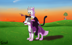 Size: 2373x1497 | Tagged: safe, artist:gradoge, oc, oc:featheredgryphon, fox, griffon