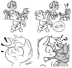 Size: 1396x1320 | Tagged: safe, artist:thecoldsbarn, winona, oc, oc:blue chewings, oc:cold dream, pony, unicorn, biting, butt bite, butt touch, comic, cute, monochrome