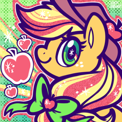 Size: 500x500 | Tagged: safe, artist:crayon-chewer, derpibooru import, part of a set, applejack, earth pony, pony, twilight's kingdom, apple, bust, cute, cutie mark, food, groovy, icon, jackabetes, portrait, rainbow power, solo