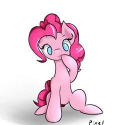 Size: 1024x1024 | Tagged: safe, artist:novabytes, derpibooru import, pinkie pie, earth pony, pony, cute, diapinkes, female, mare, no pupils, simple background, sitting, solo, white background