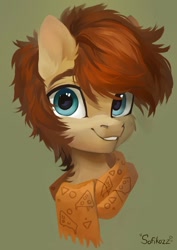 Size: 826x1169 | Tagged: safe, artist:sofiko-ko, oc, oc only, earth pony, pony, bust, clothes, earth pony oc, grin, portrait, scarf, smiling, solo