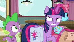 Size: 1920x1080 | Tagged: safe, screencap, cup cake, spike, twilight sparkle, twilight sparkle (alicorn), alicorn, dragon, a trivial pursuit, angry, bag, saddle bag, scroll, winged spike