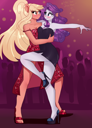 Size: 2862x4000 | Tagged: safe, artist:xjenn9, applejack, rarity, equestria girls, armpits, black dress, blushing, clothes, dancing, dress, female, high heels, lesbian, pink background, pony ears, ponytail, rarijack, shipping, shoes, simple background, strapless