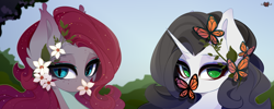 Size: 3006x1200 | Tagged: safe, artist:xsatanielx, oc, oc only, oc:enya lunar eclipse, oc:reinina hazard, bat pony, butterfly, pony, unicorn, bat pony oc, female, mare, rcf community, shiny