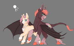 Size: 1297x805 | Tagged: safe, artist:cosmichorse, oc, oc only, oc:cosmic dream, bat pony, hybrid, lamb, sheep, unicorn, bat wings, bell, collar, couple, fluffy, pastel, ponysona, simple background, special somepony, unshorn fetlocks, wings