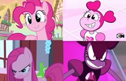 Size: 1118x715 | Tagged: safe, derpibooru import, edit, edited screencap, screencap, gummy, pinkie pie, earth pony, pony, a friend in deed, party of one, comparison, pinkamena diane pie, spinel (steven universe), steven universe