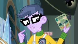 Size: 1280x720 | Tagged: safe, screencap, microchips, all the world's off stage, all the world's off stage: micro chips, better together, equestria girls, clothes, cyoa, glasses, male, smiling, solo