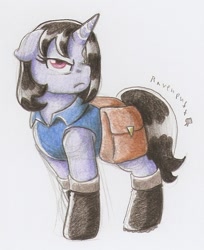 Size: 565x691 | Tagged: safe, artist:ravenpuff, oc, oc:zapp, pony, unicorn, bag, female, mare, saddle bag, solo, traditional art