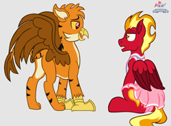 Size: 1800x1334 | Tagged: safe, artist:peregrinstaraptor, oc, oc only, oc:gareth, oc:sunfyre, griffon, pegasus, cheerleader outfit, clothes, crossdressing, gray background, male, simple background, stallion, story included
