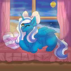 Size: 1024x1020 | Tagged: safe, artist:orchidcrystal, oc, oc:fleurbelle, alicorn, adorable face, alicorn oc, bow, curtains, cute, female, hair bow, mare, moon, moonlight, ocean, one eye closed, pillow, pretty, prone, sand, smiling, window, wink