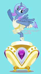 Size: 1080x1920 | Tagged: safe, artist:crystal twilight, artist:starlight brilliant, oc, oc only, oc:starlight resplendent, alicorn, pony, alicorn oc, ballerina, blue background, clothes, female, jewelry, music box, simple background, solo, tail, tutu, wings