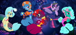 Size: 2340x1080 | Tagged: safe, artist:徐詩珮, fizzlepop berrytwist, glitter drops, princess skystar, spring rain, tempest shadow, twilight sparkle, twilight sparkle (alicorn), alicorn, seapony (g4), unicorn, series:sprglitemplight diary, series:sprglitemplight life jacket days, series:springshadowdrops diary, series:springshadowdrops life jacket days, my little pony: the movie, alternate universe, bisexual, broken horn, clothes, cute, equestria girls outfit, female, glitterbetes, glitterlight, glittershadow, horn, lesbian, lifeguard, lifeguard spring rain, paw patrol, polyamory, seaponified, seapony glitter drops, seapony spring rain, seapony tempest shadow, seapony twilight, shipping, species swap, sprglitemplight, springbetes, springdrops, springlight, springshadow, springshadowdrops, swimsuit, tempestbetes, tempestlight