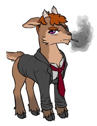 Size: 1398x1823 | Tagged: safe, artist:multiverseequine, derpibooru exclusive, oc, oc only, oc:manchineel, deer, pony, bottomless, broken horn, cigarette, clothes, eyepatch, horn, male, necktie, partial nudity, shirt, simple background, smoking, solo, transparent background