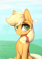 Size: 2480x3507 | Tagged: safe, artist:justafallingstar, applejack, earth pony, pony, bust, colored sketch, cute, eye clipping through hair, female, hatless, jackabetes, mare, missing accessory, redraw, sitting, smiling, solo