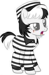 Size: 1713x2577 | Tagged: safe, artist:kellysweet1, oc, oc only, oc:bad karma, earth pony, pony, clothes, criminal, eye scar, female, hat, jumpsuit, mare, open mouth, prison outfit, prison stripes, scar, shirt, simple background, solo, transparent background