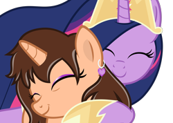 Size: 4210x3000 | Tagged: safe, artist:cyberapple456, princess twilight 2.0, twilight sparkle, twilight sparkle (alicorn), oc, oc:chloe adore, alicorn, pony, unicorn, the last problem, duo, ear piercing, earring, eyes closed, female, hug, jewelry, mare, mlp fim's ninth anniversary, piercing, simple background, transparent background, vector