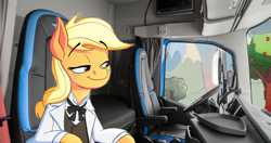 Size: 1834x971 | Tagged: safe, artist:anontheanon, edit, applejack, earth pony, pony, apple, apple tree, applejack's plantation, interior, semi truck, sweet apple acres, tree, truck