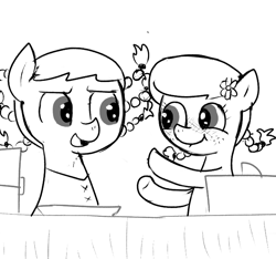 Size: 640x600 | Tagged: safe, artist:ficficponyfic, oc, oc:praline, oc:ruby rouge, earth pony, pony, booth, box, braided pigtails, colt quest, cute, cyoa, excited, female, filly, flower, foal, freckles, lip bite, market, monochrome, story included, table, vendor, vendor stall