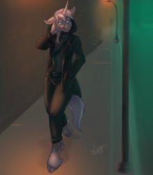 Size: 2100x2400 | Tagged: safe, artist:skuttz, oc, oc only, anthro, unguligrade anthro, unicorn, clothes, cloven hooves, coat, cyberpunk, fog, lidded eyes, male, solo, street, street lamp, streetlight