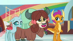 Size: 1920x1080 | Tagged: safe, screencap, lighthoof, ocellus, shimmy shake, smolder, yona, changedling, changeling, dragon, yak, 2 4 6 greaaat, bow, cloven hooves, dragoness, female, hair bow, mare, monkey swings, trio
