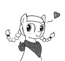 Size: 640x600 | Tagged: safe, artist:ficficponyfic, oc, oc:emerald jewel, earth pony, pony, bandana, blushing, child, colt, colt quest, cute, cyoa, foal, heart, male, monochrome, pigtails, solo, story included