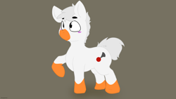 Size: 2560x1440 | Tagged: safe, artist:fuzzypones, bird, bird pone, earth pony, pony, :t, blush sticker, blushing, colored, crossover, gray background, male, raised hoof, simple background, smiling, solo, stallion, untitled goose game