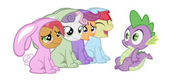 Size: 750x358 | Tagged: safe, artist:jolteongirl, editor:undeadponysoldier, apple bloom, babs seed, scootaloo, spike, sweetie belle, dragon, earth pony, pegasus, pony, unicorn, animal costume, bunny costume, clothes, confused, costume, cute, cutealoo, cutie mark crusaders, diasweetes, female, filly, male, simple background, sitting, white background