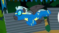 Size: 1280x720 | Tagged: safe, screencap, thunderlane, pegasus, pony, marks and recreation, clothes, flying, goggles, male, solo, stallion, uniform, wonderbolts, wonderbolts uniform