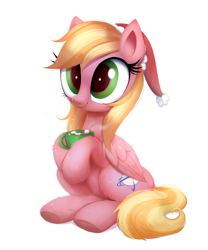 Size: 1213x1455 | Tagged: safe, alternate version, artist:confetticakez, part of a set, oc, oc only, oc:jet setter, pegasus, chocolate, christmas, commission, cute, female, folded wings, food, hat, holiday, hot chocolate, mare, mug, santa hat, simple background, sitting, solo, white background, wings, ych result, your character here