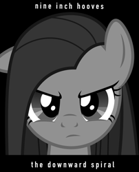 Size: 1200x1487 | Tagged: safe, derpibooru import, pinkie pie, earth pony, pony, angry, black background, female, grayscale, looking at you, mare, monochrome, nine inch nails, parody, pinkamena diane pie, poster, poster parody, simple background, solo, text, the downward spiral, vector