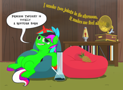 Size: 820x600 | Tagged: safe, artist:queencold, oc, oc only, oc:zorse, alicorn, pony, alicorn oc, beanbag chair, bong, bow, commission, conspiracy theory, dialogue, drug use, drugs, ear piercing, earring, freckles, furniture, gramophone, hair bow, heterochromia, high, jewelry, lava lamp, male, marijuana, multicolored hair, piercing, pineapple, smoke, song reference, stallion, stoned