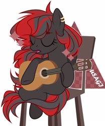 Size: 2454x2936 | Tagged: safe, artist:usagi, oc, oc only, oc:sharpe, pony, acoustic guitar, chair, eyes closed, female, guitar, mare, musical instrument, open mouth, piercing, simple background, sitting, solo, white background, ych result