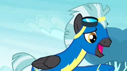 Size: 1280x720 | Tagged: safe, screencap, thunderlane, pegasus, pony, marks and recreation, clothes, flying, goggles, male, solo, stallion, uniform, wonderbolts, wonderbolts uniform