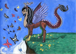 Size: 2913x2059 | Tagged: safe, artist:angel-gotic, discord, butterfly, draconequus, cliff, cloud, gold, grass, male, sky, solo, spread wings, traditional art, wings, younger