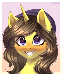 Size: 1500x1800 | Tagged: safe, artist:hakaina, oc, oc only, oc:astral flare, pony, unicorn, adorable face, beanie, blushing, cute, female, gradient background, grin, hat, mare, smiling